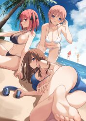5girls ass barefoot beach bikini black_bikini blue_bikini blue_eyes breasts brown_hair butterfly_hair_ornament cleavage go-toubun_no_hanayome green_bikini green_hairband green_ribbon hair_between_eyes hair_ornament hair_ribbon hairband headphones highres multiple_girls nakano_ichika nakano_itsuki nakano_miku nakano_nino nakano_yotsuba navel ocean orange_hair outdoors pink_hair profnote quintuplets red_bikini red_hair ribbon swimsuit white_bikini