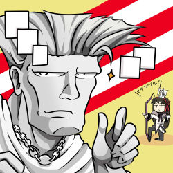 10s 1boy 1girl akemi_homura akemi_homura_(magical_girl) animal animal_on_head black_hair bow_(weapon) chain chain_necklace colored_skin commentary_request crossover grey_skin guile hair_ribbon jewelry kani_club kneeling kyubey long_hair mahou_shoujo_madoka_magica mahou_shoujo_madoka_magica_(anime) necklace on_head ribbon smile sparkle t_t thumbs_up translation_request triangle_mouth weapon wraith_(madoka_magica)