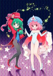 2girls alternate_costume black_legwear bow cosplay creatures_(company) elbow_gloves francesca_(pokemon) game_freak gen_1_pokemon gloves goldeen goldeen_(cosplay) gradient_background green_eyes green_hair hair_bow hat kagiyama_hina leotard magician misty_(pokemon) misty_(pokemon)_(cosplay) mob_cap multiple_girls nintendo pantyhose pink_eyes pink_hair pokemon pokemon_(anime) pokemon_(classic_anime) pokemon_dp070 pokemon_dppt_(anime) pokemon_ep043 saigyouji_yuyuko shawl shizue_(pokemon)_(cosplay) star_(symbol) tona_(nekotte) touhou triangular_headpiece wand