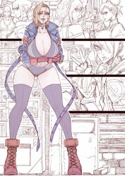 Rule 34 | 6+girls, a.k.i. (street fighter), ankle boots, asymmetrical bangs, black thighhighs, blonde hair, blue jacket, boots, breasts, cammy white, capcom, choker, chun-li, cleavage, collarbone, eyelashes, facial scar, gloves, green eyes, han juri, highres, jacket, jun wu mo, large breasts, looking at viewer, manon legrand, marisa (street fighter), multiple girls, navel, open clothes, open jacket, open mouth, red boots, red gloves, scar, scar on cheek, scar on face, short hair, spy x family, street fighter, street fighter 6, thick thighs, thighhighs, thighs, tongue, tongue out, wide hips, yor briar