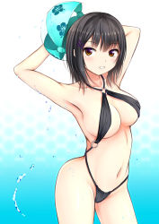 1girl arms_up ball beachball black_hair breasts casual_one-piece_swimsuit criss-cross_halter female_focus gradient_background halterneck highres kurokami_(kurokaminohito) long_hair navel o-ring o-ring_swimsuit one-piece_swimsuit original short_hair solo standing swimsuit white_background yellow_eyes