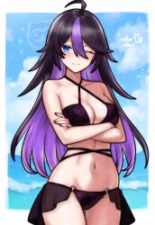 1girl ahoge armpit_crease arms_under_breasts artist_logo artist_name bikini blue_eyes blush breasts cleavage closed_mouth colored_inner_hair commission crossed_arms gluteal_fold hair_between_eyes highres large_breasts logo long_hair looking_at_viewer multicolored_hair navel ocean one_eye_closed original purple_bikini purple_hair rotomdocs smile solo stomach swimsuit two-tone_hair