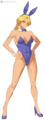 1girl 2024 bad_tag big_breasts blonde_hair breasts colored_skin embarrassed female hands_on_own_hips high_heels long_hair looking_at_viewer muscular muscular_female nintendo ponytail red_eyes ribbon sheik solo tan the_legend_of_zelda the_legend_of_zelda:_ocarina_of_time thighs white_background white_skin zelc-face