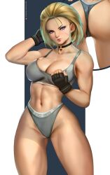 1girl ass ass_focus blonde_hair blue_eyes breasts calvin_klein cammy_white felox08 fingerless_gloves gloves large_breasts lingerie lips scar scar_on_face short_hair street_fighter street_fighter_6 thong underwear