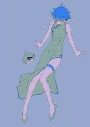 2boys ahoge black_hair blue_background blue_hair blush chinese_clothes dress drooling eyepatch face_piercing full_body green_background green_dress green_shoes heart limited_palette lip_piercing looking_at_viewer male_focus multicolored_hair multiple_boys omokage_yugamu one_eye_covered open_mouth piercing saliva shoes solo_focus sumino_takumi teeth the_hundred_line_-last_defense_academy-