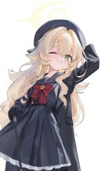 1girl ;3 absurdres beret black_gloves black_hat black_jacket black_serafuku black_skirt blonde_hair blue_archive cane gloves green_eyes halo hat highres holding holding_cane jacket long_hair long_sleeves looking_at_viewer maburu_(lojyq1eur3e8bit) one_eye_closed professor_niyaniya_(blue_archive) school_uniform serafuku simple_background skirt white_background yellow_halo