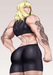 1girl arm_tattoo ass black_shorts black_sports_bra blonde_hair dragon_tattoo from_behind from_below grin highres isshou_senkin looking_at_viewer muscular muscular_female orange_eyes sena_riko_(isshou_senkin) shorts smile solo sports_bra sportswear tattoo teeth yui_(littles19)