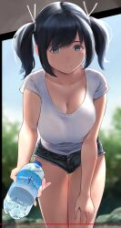 1girl alternate_costume blue_eyes blue_hair blurry blurry_background blush bottle breasts cleavage closed_mouth commentary_request dark_blue_hair day denim denim_shorts hair_ribbon hand_on_own_knee highres holding holding_bottle incoming_drink kantai_collection large_breasts leaning_forward looking_at_viewer medium_hair outdoors pov revision ribbon shirt short_shorts short_sleeves short_twintails shorts smile solo souryuu_(kancolle) thigh_gap twintails wa_(genryusui) water_bottle white_shirt