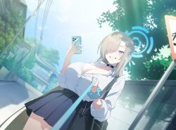 1girl artist_request asuna_(blue_archive) asuna_(school_uniform)_(blue_archive) asymmetrical_bangs bag black_choker black_skirt blue_archive blue_bow blue_eyes blue_halo blue_nails blue_ribbon blue_scrunchie blue_skirt blush bow breasts cellphone choker cleavage collarbone collared_shirt game_cg grin hair_over_one_eye hair_ribbon halo highres holding holding_leash holding_phone large_breasts leash long_bangs long_hair looking_at_viewer mole mole_on_breast official_alternate_costume official_art outdoors phone pleated_skirt pov ribbon road school_bag school_uniform scrunchie shirt skirt smartphone smile solo street very_long_hair viewer_on_leash white_shirt wrist_scrunchie