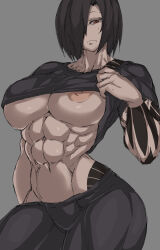 1girl abs absurdres arm_tattoo black_hair black_pants black_shirt breasts clothes_lift contrapposto cowboy_shot eyebrow_piercing frown hair_over_one_eye highres hip_tattoo large_breasts lifting_own_clothes muscular muscular_female nipple_slip nipples original pants piercing red_eyes shirt shirt_lift solo tattoo zokusuke