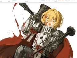 1girl armor art_program_in_frame blonde_hair blood blood_in_hair blood_on_armor blood_on_face cape don_quixote_(project_moon) gauntlets hammer highres holding holding_hammer holding_nail kampuzu limbus_company microsoft_paint_(medium) microsoft_paint_(software) n_corp._fanatic_(identity)_(project_moon) nail nail_(hardware) open_mouth pauldrons project_moon red_cape short_hair shoulder_armor simple_background smile solo wax_seal white_background yellow_eyes