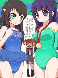 3girls aijou_karen black_hair blue_leotard brown_hair gold_medal green_eyes green_leotard kagura_hikari leotard multiple_girls shoujo_kageki_revue_starlight tsuyuzaki_mahiru