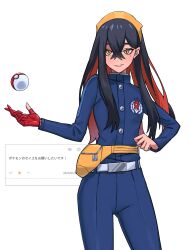 1girl black_hair blue_bodysuit bodysuit carmine_(pokemon) cowboy_shot hand_on_own_hip highres long_hair mole mole_under_eye mujikuro multicolored_hair nintendo poke_ball poke_ball_(basic) pokemon pokemon_sv red_hair request_inset simple_background solo two-tone_hair white_background yellow_eyes