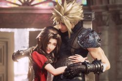 1boy 1girl 3d aerith_gainsborough armor belt blonde_hair blue_shirt braid brown_hair buster_sword choker church closed_eyes cloud_strife couple dress earrings final_fantasy final_fantasy_vii final_fantasy_vii_remake gloves hair_between_eyes hair_ribbon highres hug jacket jewelry long_hair muscular muscular_male necklace open_door parted_bangs pink_dress pink_ribbon red_jacket ria-neearts ribbon shirt short_hair short_sleeves shoulder_armor sidelocks single_earring sleeveless sleeveless_turtleneck smile spiked_hair square_enix suspenders turtleneck upper_body weapon weapon_on_back