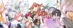 &gt;o&lt; 6+girls :3 a-chan_(hololive) ahoge air_purifier aki_rosenthal amane_kanata android angel animal_ears arms_behind_back arms_up artist_name asacoco backwards_hat baseball_cap bell bibi_(tokoyami_towa) bird black_hair black_headwear black_jacket black_ribbon blonde_hair blue_hair blunt_bangs blush_stickers bound bow bracelet breasts brooch brown_hair cake camouflage camouflage_hoodie candy_hair_ornament carrot_hair_ornament carrying cat_ears cat_girl cat_hair_ornament character_request cleavage closed_eyes closed_mouth collared_shirt colored_inner_hair commentary confetti cropped_jacket crown crying demon_girl demon_horns diagonal-striped_bow dragon_girl dragon_horns dragon_tail dragon_tail_cake dress duck english_commentary envelope eyes_visible_through_hair facing_another fake_horns fang food food-themed_hair_ornament fox_ears fox_girl fur-trimmed_dress fur-trimmed_sleeves fur_trim glasses hair_bell hair_ornament hair_ribbon hair_rings hairband hairclip halo hands_on_own_head hat highres himemori_luna himemori_luna_(1st_costume) holding holding_cake holding_envelope holding_food holding_plate hololive hood hoodie horn_bow horn_ornament horns houshou_marine jacket jewelry kiryu_coco kiryu_coco_(1st_costume) kiryu_coco_(dragon) lifting_person long_hair looking_at_another mini_crown multicolored_eyes multicolored_hair multiple_girls natsuiro_matsuri nekomata_okayu ookami_mio open_mouth orange_hair orange_jacket pink_hair pink_hoodie pirate_hat plate pointy_ears princess_carry purple_eyes purple_hair rabbit_ears rabbit_girl red_eyes red_ribbon ribbon ribbon_bondage roboco-san ronin_(zeth_total) sakura_miko sheep_girl shirakami_fubuki shirogane_noel shirt short_hair short_sleeves side_ponytail sidelocks simple_background single_hair_ring skin_fang star_halo streaked_hair streaming_tears striped_bow subaru_duck tail tears tokoyami_towa tsunomaki_watame turtleneck usada_pekora virtual_youtuber white_background white_dress white_hair white_shirt wolf_ears wolf_girl x_hair_ornament yuzuki_choco