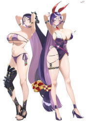 1girl absurdres animal_ears arm_guards armlet armor bare_shoulders beads bikini blush breasts choker cleavage collarbone detached_collar eyepatch_bikini fake_animal_ears fate/grand_order fate_(series) fishnet_pantyhose fishnets full_body greaves high_heels highleg highleg_leotard highres huge_breasts jewelry kurozawa_yui leotard long_hair looking_at_viewer low-tied_long_hair minamoto_no_raikou_(fate) minamoto_no_raikou_(fate/grand_order) minamoto_no_raikou_(swimsuit_lancer)_(fate) minamoto_no_raikou_(swimsuit_lancer)_(third_ascension)_(fate) multiple_views navel necktie pantyhose parted_bangs playboy_bunny purple_bikini purple_eyes purple_hair purple_leotard rabbit_ears red_necktie sideboob single_greave smile swimsuit thigh_strap very_long_hair