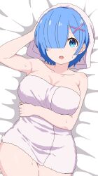 1girl :o arm_under_breasts arm_up bed_sheet blue_eyes blue_hair blunt_bangs breasts breasts_apart cowboy_shot dot_nose from_above furrowed_brow hair_ornament hair_over_one_eye hand_in_own_hair highres large_breasts looking_at_viewer lying naked_towel on_back on_bed open_mouth re:zero_kara_hajimeru_isekai_seikatsu rem_(re:zero) rezerorem0206 shoulder_blush solo sweatdrop teeth towel towel_on_head upper_teeth_only x_hair_ornament