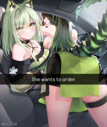 2girls animal_ear_fluff animal_ears arknights ass black_shorts breasts car_interior cat_ears cat_girl cleavage commentary_request dress green_dress green_eyes green_hair he_wants_to_order_(meme) highres kal&#039;tsit_(arknights) large_breasts looking_at_viewer medium_breasts meme mon3tr_(arknights) multicolored_hair multiple_girls paid_reward_available short_hair shorts sideboob sitting tail thigh_strap thighs twitter_username two-tone_hair variant_set yeosi