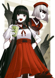 2girls bare_shoulders bbk_(13zk) behind_another black_choker black_hair blunt_bangs bow bowtie chaldea_logo choker cup dress fate/grand_order fate_(series) hand_on_own_hip hat high_collar highres hime_cut holding holding_cup komahime_(fate) long_hair looking_at_viewer multiple_girls off-shoulder_dress off_shoulder open_mouth partially_shaded_face red_hat red_skirt sen_no_rikyu_(fate) short_hair skirt smile sparkling_eyes striped_choker striped_clothes striped_skirt tassel very_long_hair white_hair
