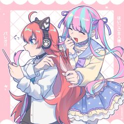 2girls :d ^_^ ahoge animal_ear_headphones animal_ears bang_dream! black_shorts blue_eyes blue_hair blue_sailor_collar blue_skirt blue_sleeve_cuffs blunt_bangs border bow cat_ear_headphones choker closed_eyes commentary cowboy_shot cup drinking_glass facing_ahead facing_another fake_animal_ears fingernails frilled_choker frilled_sailor_collar frilled_shirt frilled_skirt frills green_shirt grid_background hair_ribbon hand_up hands_up headphones highres holding holding_cup jacket long_hair long_sleeves looking_at_object multicolored_hair multiple_girls nyubara_reona o-ring o-ring_choker open_clothes open_jacket open_mouth outside_border paw_print pink_background pink_border pink_choker pink_hair pleated_skirt polka_dot polka_dot_skirt profile puff_of_air purple_bow purple_ribbon red_hair ribbon sailor_collar shirt shorts skirt smile star_(symbol) star_print striped_clothes striped_shirt tamade_chiyu thighhighs translation_request twintails two-tone_hair umaa42 vertical-striped_clothes vertical-striped_shirt very_long_hair white_background white_jacket white_thighhighs wine_glass wing_print yellow_shirt