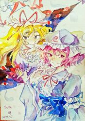 Rule 34 | 2girls, absurdres, blonde hair, blue bow, blue garter, blue headwear, blue kimono, blue ribbon, blue sash, blue sleeves, bow, chinese commentary, closed mouth, collar, commentary request, commission, dated, disembodied eye, dress, eyelashes, frilled bow, frilled collar, frilled garter, frilled hat, frilled kimono, frilled sleeves, frills, gap (touhou), gloves, hair bow, hand on own chin, hand up, hat, hat ribbon, highres, japanese clothes, juliet sleeves, kimono, long hair, long sleeves, looking at viewer, mob cap, multiple girls, mxx33, necktie, open mouth, painting (medium), photo (medium), pink eyes, pink hair, puffy short sleeves, puffy sleeves, purple bow, purple dress, purple eyes, purple sleeves, red bow, red eyes, red ribbon, ribbon, ribbon-trimmed collar, ribbon trim, saigyouji yuyuko, sash, short hair, short sleeves, sleeve garter, sleeve ribbon, smile, teeth, touhou, traditional media, triangular headpiece, upper body, veil, waist bow, waist sash, watercolor (medium), white collar, white gloves, white headwear, white veil, wide sleeves, yakumo yukari