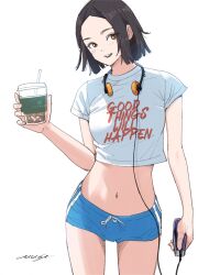 1girl black_hair blue_shorts brown_eyes cropped_shirt drink headphones headphones_around_neck highres holding holding_drink medium_hair midriff musa_(musa_draws) navel original shirt short_shorts shorts simple_background solo t-shirt white_background white_shirt