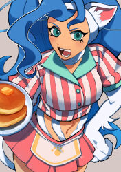 1girl alternate_costume animal_ears apron blue_eyes blue_hair breasts cat_ears cat_girl cat_tail commentary_request crop_top dark_skin darkstalkers eyeliner fangs feet_out_of_frame felicia_(darkstalkers) food green_trim grey_background grin hand_on_own_hip holding holding_plate long_hair looking_at_viewer makeup medium_breasts midriff multicolored_hair navel orange_apron oushiza_towel pancake pancake_stack partial_commentary paw_print paw_print_pattern pink_skirt pink_stripes plate pleated_skirt puffy_short_sleeves puffy_sleeves shirt short_sleeves simple_background skirt smile solo striped_clothes striped_shirt swept_bangs tail two-tone_hair vertical-striped_clothes vertical-striped_shirt very_long_hair waitress white_hair white_stripes