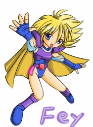 Rule 34 | 1girl, armor, blonde hair, blue eyes, boots, cape, faye, female focus, final fantasy, final fantasy mystic quest, fingerless gloves, full body, gloves, leotard, murasaki2007, open mouth, purple eyes, short hair, shoulder pads, simple background, solo