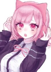 Rule 34 | 1girl, :o, animal ear headphones, animal ears, black jacket, cat ear headphones, collared shirt, danganronpa (series), danganronpa 2: goodbye despair, fake animal ears, flipped hair, hands up, headphones, highres, jacket, long sleeves, looking at viewer, medium hair, nanami chiaki, neck ribbon, open clothes, open jacket, pink eyes, pink hair, pink ribbon, ribbon, shirt, simple background, sll ux, solo, teeth, two-tone shirt, upper teeth only, white background, white shirt