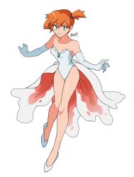 1girl asymmetrical_hair bare_shoulders blush cosplay cowboy_shot dress elbow_gloves female_focus flat_chest gen_1_pokemon gloves goldeen goldeen_(cosplay) green_eyes hair_tie highres legs misty_(pokemon) navel nintendo open_mouth orange_hair pokemon pokemon_(anime) pokemon_(classic_anime) pokemon_ep043 ponytail sanno_(snn_3) shirt short_hair shorts side_ponytail simple_background solo thighs
