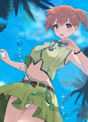1girl absurdres aqua_eyes asymmetrical_hair belt blush breasts cowboy_shot dress game_freak green_eyes gym_leader hair_between_eyes highres holding holding_poke_ball medium_breasts miniskirt misty_(pokemon) nintendo orange_hair palm_tree palms panties poke_ball pokemon pokemon_(anime) pokemon_rse_(anime) ponytail revision short_hair side_ponytail skirt solo tree underwear water white_panties