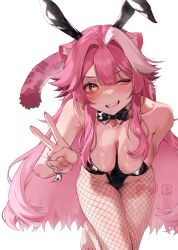 1girl amattoart animal_ears black_leotard breasts cat_ears cat_girl cat_tail cleavage collar detached_collar fake_animal_ears fishnet_pantyhose fishnets grey_hair highres hololive hololive_english large_breasts leotard long_hair multicolored_hair nail_polish no_shoes one_eye_closed pantyhose pink_hair pink_nails playboy_bunny rabbit_ears raora_panthera smile solo strapless strapless_leotard streaked_hair tail toes v virtual_youtuber white_background white_collar white_wrist_cuffs wrist_cuffs yellow_eyes