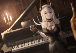 1girl absurdres alcohol arknights bare_shoulders black_dress black_gloves blurry blurry_foreground breasts candle candlelight chinese_commentary cleavage collarbone commentary_request cup dress drink drinking_glass fire gloves highres holding holding_drink indoors infection_monitor_(arknights) instrument large_breasts long_hair looking_at_viewer making-of_available mudrock_(arknights) mudrock_(obsidian)_(arknights) official_alternate_costume parted_lips piano pink_eyes pointy_ears ressec sidelocks sitting solo white_hair wine wine_glass