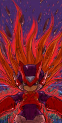 1boy android armor aura blonde_hair forehead_jewel helmet hi-go! highres long_hair male_focus mega_man_(series) mega_man_zero_(series) ponytail purple_background purple_eyes red_armor red_aura red_helmet rock simple_background solo upper_body zero(z)_(mega_man) zero_(mega_man)