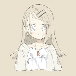 1girl @_@ blonde_hair blush gakuen_idolmaster hair_ornament hairclip highres idolmaster kuri_kr1230 long_hair shinosawa_hiro simple_background sweat thick_eyelashes yellow_background