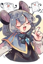 1girl animal_ears black_dress blue_capelet capelet closed_eyes dress foul_detective_satori grey_hair hair_between_eyes highres index_finger_raised jewelry long_sleeves mame_komari mouse_ears mouse_tail nazrin open_mouth pendant cleaning_rag short_hair smile solo tail touhou twitter_username upper_body