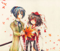 1boy 1girl alternate_costume ascot bakumatsu_rouman black_ascot black_hair blue_eyes crossover detached_sleeves falling_leaves formal_clothes hat hauchiwa holding holding_sword holding_weapon japanese_clothes kaede_(bakumatsu_rouman) katana kourindou_tengu_costume leaf looking_at_viewer m.u.g.e.n maple_leaf official_alternate_costume pelvic_curtain pom_pom_(clothes) ponytail red_eyes red_hat red_sash ribbon-trimmed_sleeves ribbon_trim sash scabbard shameimaru_aya sheath short_hair smile sword tengu tokin_hat torikokoro touhou weapon wide_sleeves
