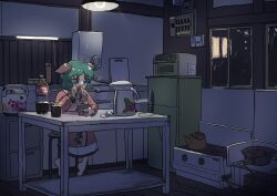 1girl animal_ears barefoot blue_eyes brown_dress cabinet chopsticks coca-cola commentary_request contemporary cup cup_ramen dim_lighting dimly_lit_room dog_ears dot_nose dress drinking_glass eating electric_kettle fluorescent_lamp green_hair hanging_light highres holding holding_chopsticks indoors kasodani_kyouko kettle leftame light_bulb long_sleeves microwave night on_stool plastic_bottle refrigerator rice_cooker sitting skirt skirt_under_dress solo steam stove table touhou wall_lamp water_heater wavy_hair white_skirt window