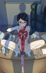 1boy 1girl 5228 anal_beads arm_support bare_shoulders black_hair blue_eyes blush boruto:_naruto_next_generations boruto:_naruto_the_movie bridal_gauntlets butt_plug chair closed_mouth collarbone come_hither condom condom_packet_strip condom_wrapper covered_navel cross_bikini crotch_strap desk detached_sleeves dildo elbow_gloves eyebrows female_focus fingerless_gloves fingernails full_body gift_wrapping glasses gloves groin hand_up high_heels highres kunai lips looking_at_viewer lube naked_ribbon naruto_(classic) naruto_(series) office_chair on_table phone photo_(object) red-framed_eyewear ribbon sex_toy shoes short_hair speculum spread_legs squatting stiletto_heels swept_bangs swivel_chair table thighhighs toeless_footwear toenails toes too_many too_many_sex_toys uchiha_sarada uzumaki_naruto vibrator weapon white_gloves white_thighhighs