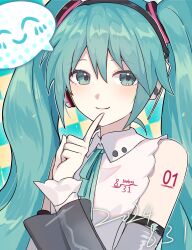 1girl 2024 absurdres alinalykiwi aqua_background aqua_eyes aqua_hair aqua_ribbon arm_at_side bare_shoulders blush buttons checkered_background closed_mouth collared_shirt commentary dated detached_sleeves double-parted_bangs finger_to_mouth hair_between_eyes hair_ornament hand_up hatsune_miku hatsune_miku_(nt) headphones highres index_finger_raised layered_sleeves long_hair long_sleeves looking_at_viewer neck_ribbon number_tattoo pale_skin piapro_studio ribbon see-through_clothes see-through_sleeves shirt shoulder_tattoo simple_background sleeveless sleeveless_shirt smile solo spoken_expression tattoo twintails two-tone_background upper_body vocaloid white_shirt white_sleeves yellow_background