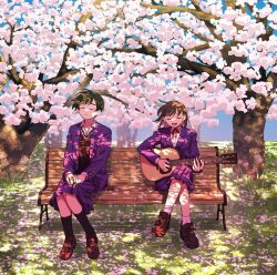 Rule 34 | 2girls, :d, acoustic guitar, bench, black hair, black socks, black sweater vest, blazer, branch, brown shoes, cherry blossoms, closed eyes, closed mouth, collared shirt, crossed legs, dappled sunlight, dress shirt, full body, futsuu no keion-bu, grass, guitar, hair ornament, hairpin, hatono chihiro, highres, instrument, jacket, kouyama rin, loafers, long sleeves, medium hair, multiple girls, music, nature, neck ribbon, on bench, open clothes, open jacket, open mouth, outdoors, parted bangs, pink petals, pixie cut, playing guitar, playing instrument, pleated skirt, purple jacket, purple skirt, red ribbon, ribbon, rra (yj), school uniform, shade, shirt, shoes, short hair, sitting, skirt, smile, socks, spring (season), standing, sunlight, sweater vest, tree, tree shade, u u, under tree, white shirt, white socks, wing collar, winter uniform