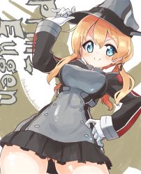 &gt;:) 10s 1girl anchor_hair_ornament artist_name black_skirt blonde_hair blue_eyes blush breasts character_name covered_navel female_focus gloves hair_ornament hair_ribbon hand_on_own_hip hat kantai_collection large_breasts long_hair long_sleeves machinery microskirt military military_uniform naka_akira no_panties peaked_cap pleated_skirt prinz_eugen_(kancolle) ribbon ship_turret skirt solo twitter_username v-shaped_eyebrows white_gloves