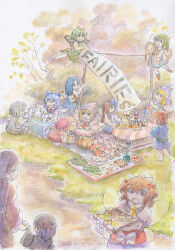 2boys 6+girls :d :o absurdres american_flag american_flag_print apple ascot banner barefoot blonde_hair blue_bow blue_dress blue_hair blue_kimono bottle bow box brown_hair butterfly_wings cirno clownpiece commentary_request cucumber cup d: daiyousei daiyousei_mob_(touhou) dress drinking_glass empty_eyes english_text eternity_larva fairy fairy_wings flag_print flying foliage food fruit grass green_dress green_hair green_kimono grey_eyes hair_ornament headdress highres holding holding_pole holding_tray insect_wings japanese_clothes juice kimono leaf_hair_ornament light_blush lily_white long_hair long_sleeves luna_child medium_hair multiple_boys multiple_girls nanashi_no_yosei no_mouth open_mouth orange_hair painting_(medium) pink_dress pink_hair pole price_tag pumpkin red_bow red_kimono red_sash sash short_hair short_sleeves side_ponytail sign sitting smile snowman squatting star_sapphire strawberry sunny_milk table tablecloth touhou traditional_media tray tree twintails watercolor_(medium) white_bow white_dress white_sleeves wings yellow_ascot