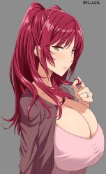 Rule 34 | 1girl, black background, blush, breasts, brown eyes, bursting breasts, cleavage, female focus, from side, highres, huge breasts, jacket, jewelry, kloah, kousaka tamaki, looking at viewer, red hair, ring, shirt, simple background, solo, to heart (series), to heart 2, twintails, twirling hair, twitter username, upper body, wedding band