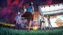 2boys 4girls bag baseball_cap black_hair black_pantyhose black_shirt black_shorts black_skirt blonde_hair blouse blue_eyes brown_hair casual checkered_clothes checkered_pants daitoku_junna denim_vest fukuda_tomonori game_cg grass hat hidaka_subaru high-waist_skirt highres holding koujiro_frau long_hair long_sleeves mecha miniskirt multiple_boys multiple_girls night night_sky non-web_source official_art open_mouth outdoors pants pantyhose pink_skirt plaid_clothes plaid_vest robot robotics;notes robotics;notes_dash running science_adventure senomiya_akiho shirt shoes short_hair short_shorts shorts skirt sky smile sneakers standing star_(sky) starry_sky t-shirt vest white_shirt yashio_kaito yukifune_airi