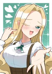 1girl blonde_hair blush breasts brown_corset chacha_kamimaru colored_eyelashes corset dress_shirt facing_viewer female_focus forehead green_background heart highres kimi_no_koto_ga_dai_dai_dai_dai_daisuki_na_100-nin_no_kanojo large_breasts long_hair offering_hand one_eye_closed outline shirt sparkle suspenders upper_body utsukushisugi_mimimi very_long_hair white_outline white_shirt wink