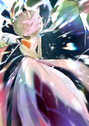 bob_cut chenababar closed_eyes colored_skin dress from_side gardevoir gen_3_pokemon green_hair green_skin highres multicolored_skin nintendo own_hands_together pokemon pokemon_(creature) signature two-tone_skin white_dress white_skin