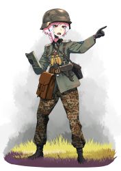 1girl absurdres belt binoculars black_gloves braid commentary erica_(naze1940) estonian_flag female_focus full_body gloves helmet highres holster long_hair map military military_uniform open_mouth original pointing red_eyes solo teeth white_hair world_war_ii