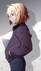 1girl alternate_costume arcueid_brunestud azami_masurao black_jacket blue_pants breasts cowboy_shot from_side glasses grey_background hand_in_pocket highres jacket large_breasts pants profile red_eyes shadow shirt short_hair simple_background solo tsukihime white_shirt