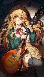 1girl absurdres black_thighhighs blazer blonde_hair blush bow breasts collared_shirt green_jacket guitar hair_between_eyes highres holding holding_guitar holding_instrument instrument jacket long_hair long_sleeves looking_at_viewer mole mole_on_cheek open_mouth orange_eyes original pleated_skirt school_uniform shirt skirt smile solo teeth thighhighs uwon white_shirt